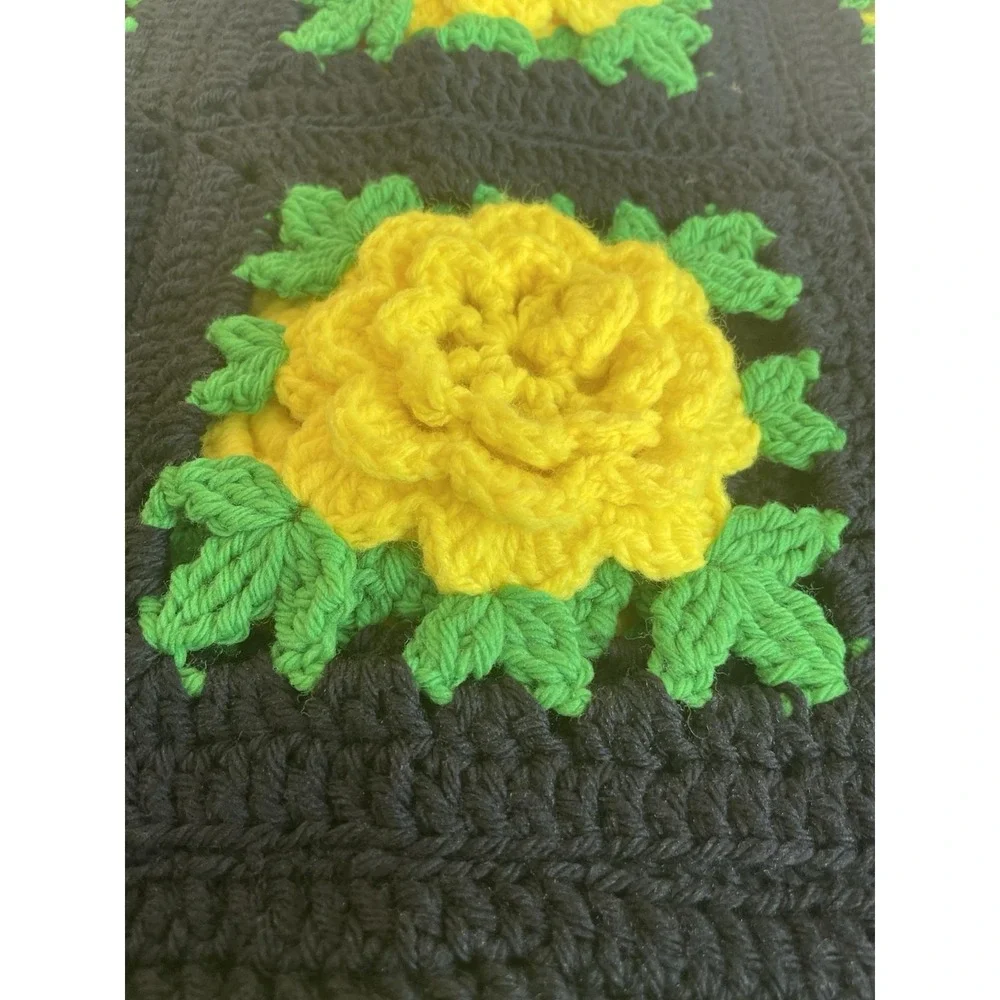 Vtg 70s Yellow Flower Sq. Crochet Afghan Sofa Throw Blanket 38